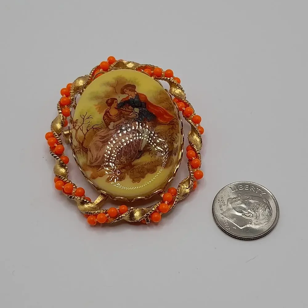 Vintage Romantic Scene Fragonard Style Brooch, Orange Bead Gold Frame, 2 Inches